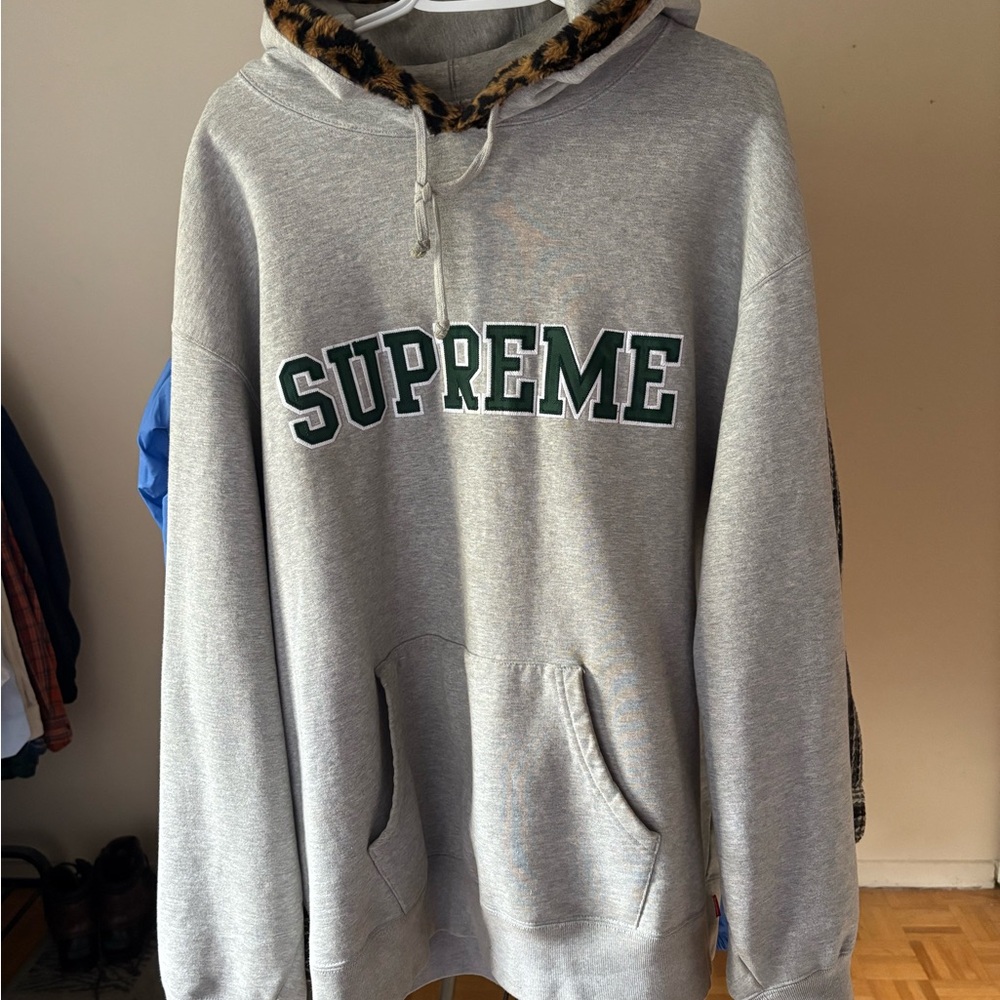 Supreme Gray Hoodie with Green Logo and Leopard Trim